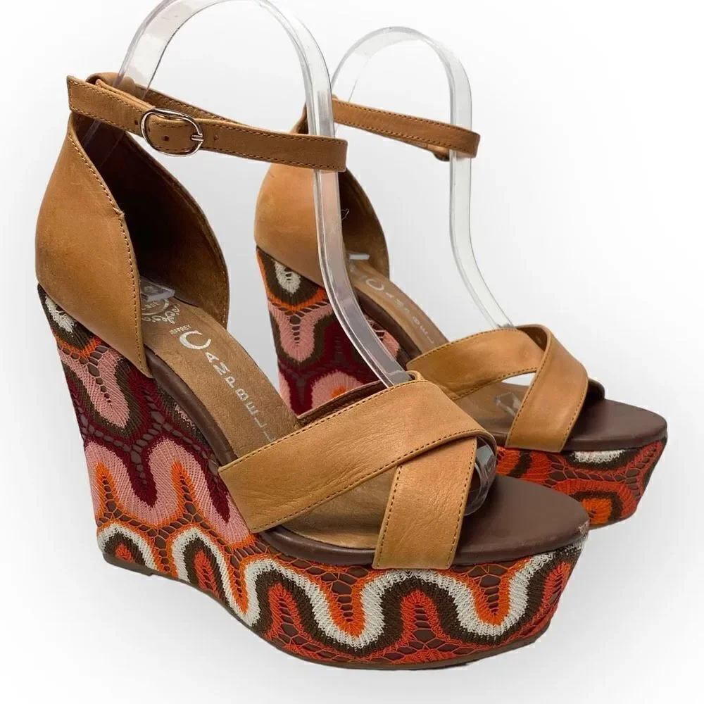JEFFREY CAMPBELL BRADSHAW NUDE BOHO CHEVRON WOMEN'S WEDGE SANDAL 70s Size 8